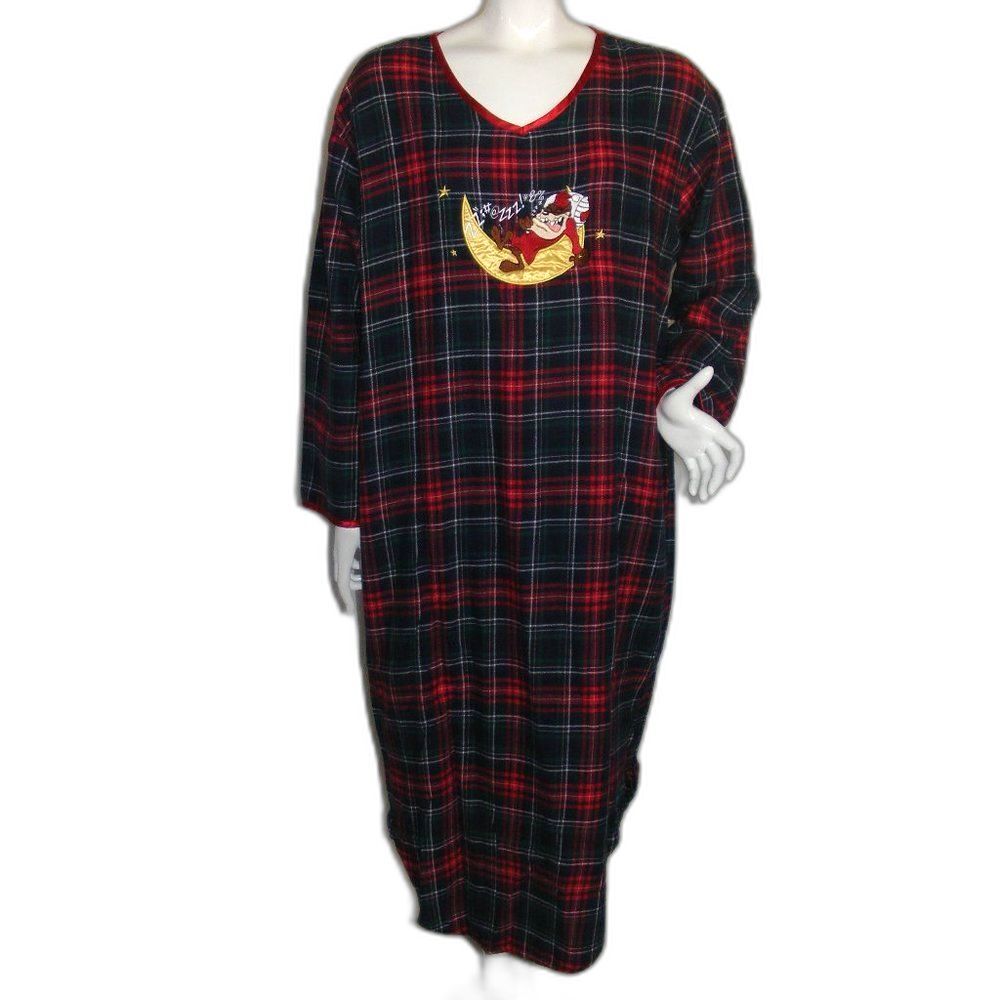WARNER BROS Plaid Nightgown, XL, TAZ,Long, Embroidered Sleeping on Moon, VINTAGE